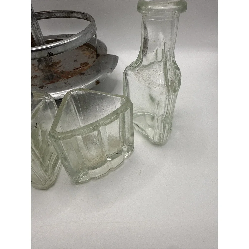 Vintage Cruet Condiment Metal & Glass Set Salt/Pepper, Oil, Sugar With Stand